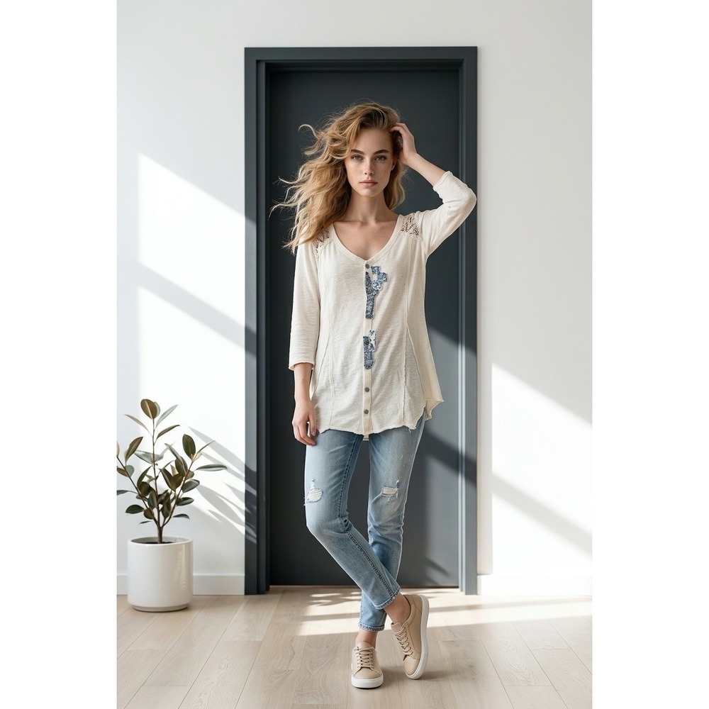 Free People We The Free Creamy White Lace Patchwork Button Tunic Top Large